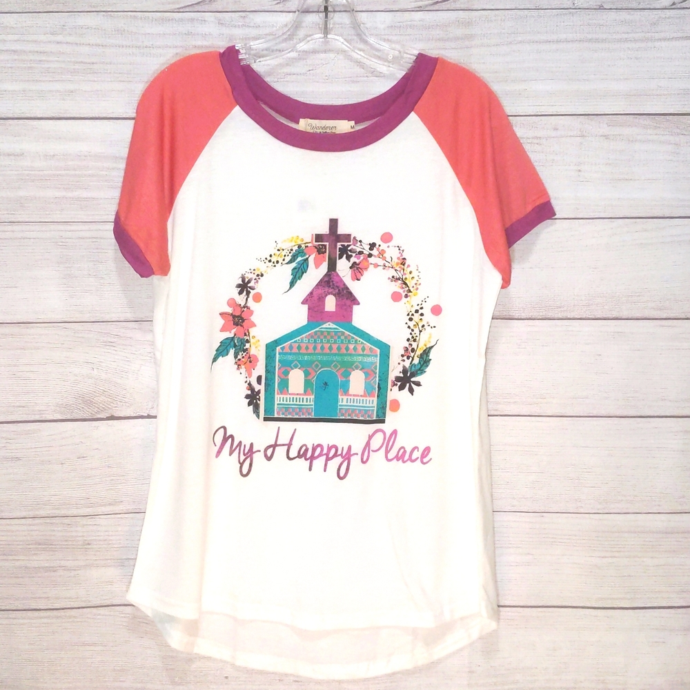 Wanderer by Southern Grace NWT My Favorite Place Shirt Pink Purple Sleeve Size M